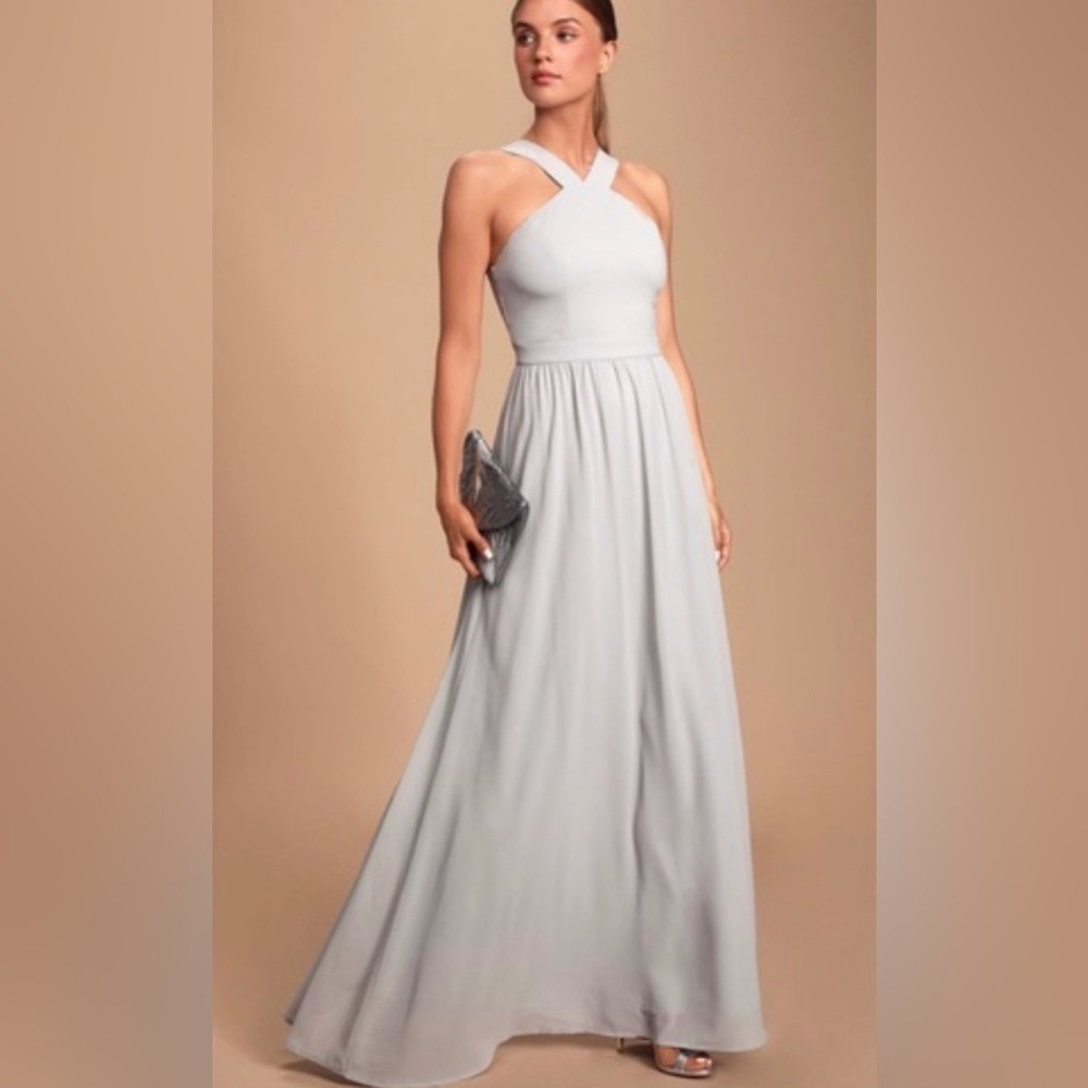 Lulus Air of Romance Gray Chiffon Maxi Dress Size Small